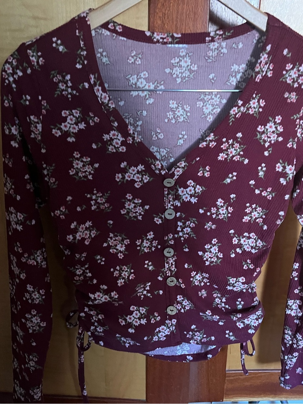 No Boundaries Burgundy Floral Button-Front Long Sleeve Top